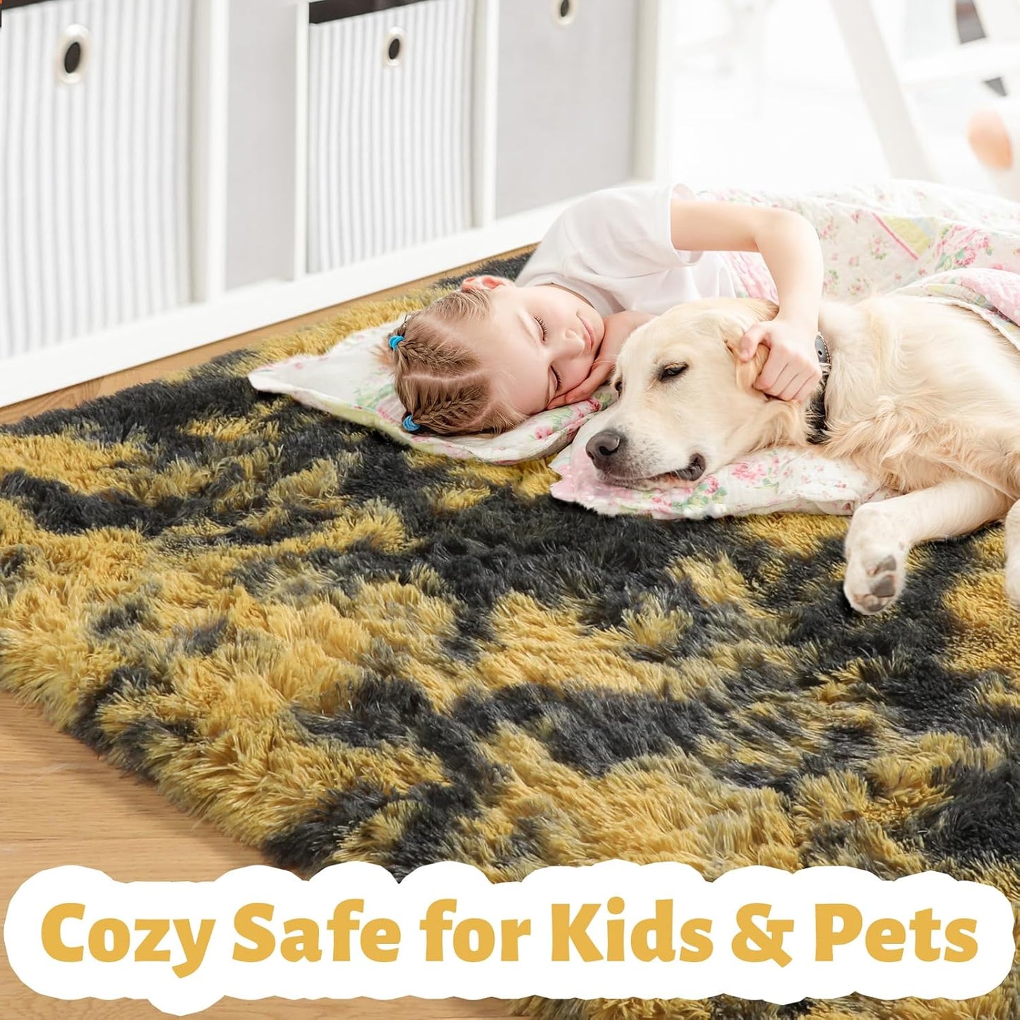 Black Gold Yellow Grey Rugs for Bedroom Living Room Decor, Fluffy Furry Fuzzy Shaggy Area Rug 4x6 for Kids Room Dorm Home Office, Modern Cool Leopard Cheetah Shag Carpet for Teen Boys Men