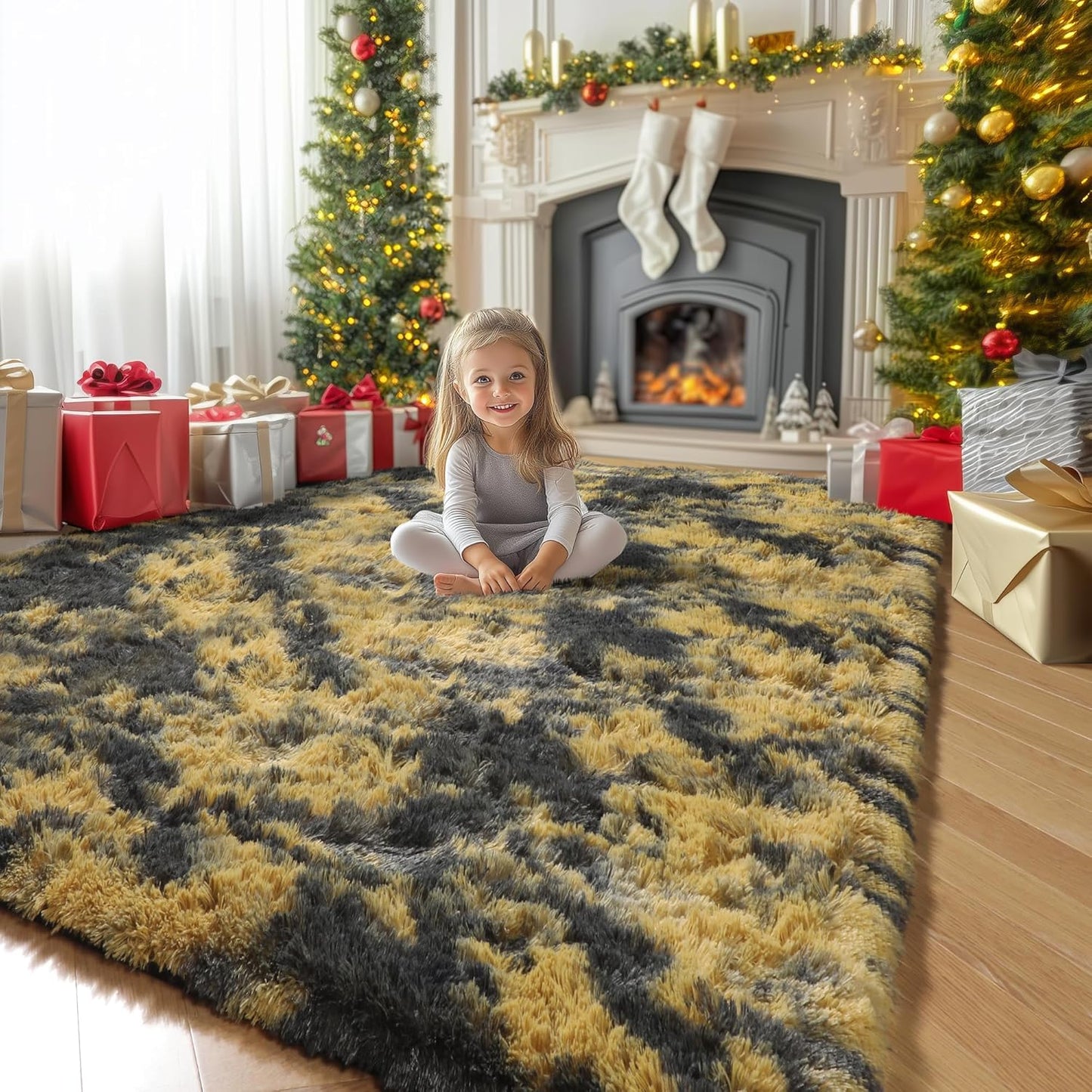 Black Gold Yellow Grey Rugs for Bedroom Living Room Decor, Fluffy Furry Fuzzy Shaggy Area Rug 4x6 for Kids Room Dorm Home Office, Modern Cool Leopard Cheetah Shag Carpet for Teen Boys Men