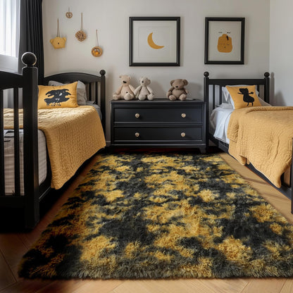 Black Gold Yellow Grey Rugs for Bedroom Living Room Decor, Fluffy Furry Fuzzy Shaggy Area Rug 4x6 for Kids Room Dorm Home Office, Modern Cool Leopard Cheetah Shag Carpet for Teen Boys Men