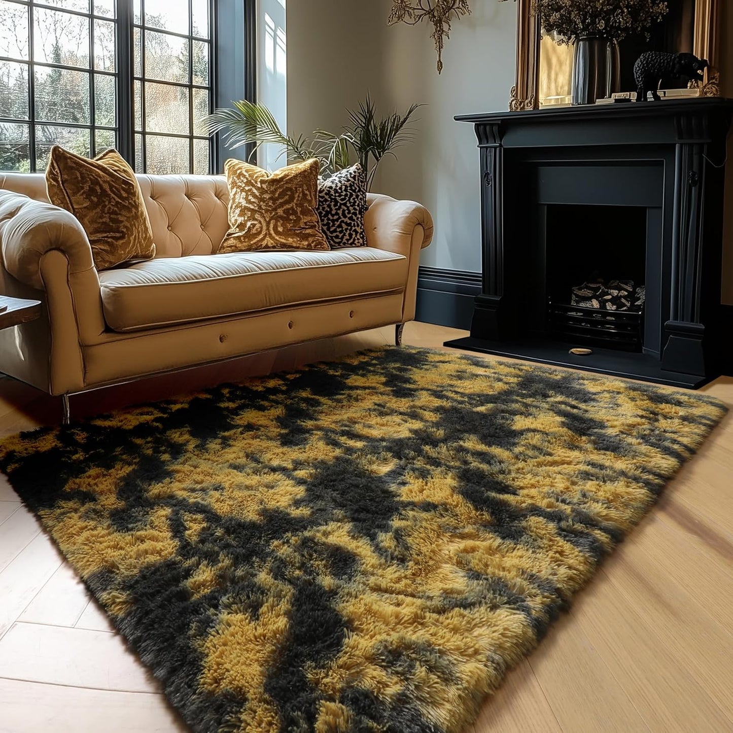 Black Gold Yellow Grey Rugs for Bedroom Living Room Decor, Fluffy Furry Fuzzy Shaggy Area Rug 4x6 for Kids Room Dorm Home Office, Modern Cool Leopard Cheetah Shag Carpet for Teen Boys Men