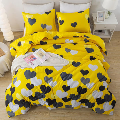 Farmhouse Yellow Queen Size Comforter Set 3 Pieces Bedding Set with Black Heart All Season Fluffy Soft Lightweight(1 Comforter & 2 Pillowshams)