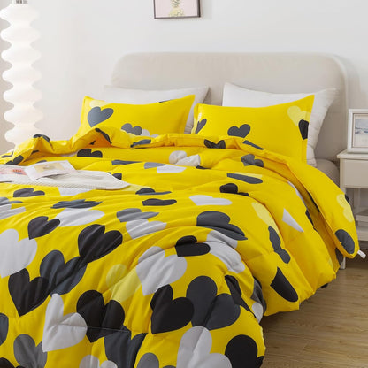 Farmhouse Yellow Queen Size Comforter Set 3 Pieces Bedding Set with Black Heart All Season Fluffy Soft Lightweight(1 Comforter & 2 Pillowshams)