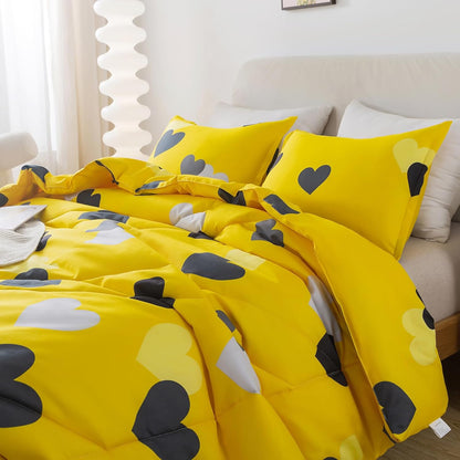 Farmhouse Yellow Queen Size Comforter Set 3 Pieces Bedding Set with Black Heart All Season Fluffy Soft Lightweight(1 Comforter & 2 Pillowshams)