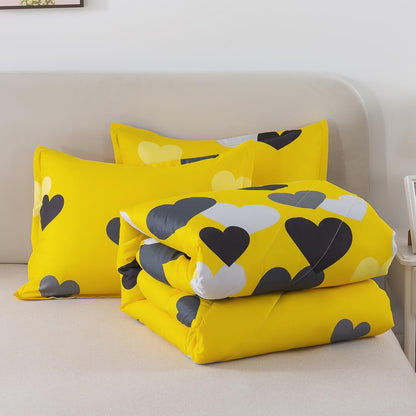 Farmhouse Yellow Queen Size Comforter Set 3 Pieces Bedding Set with Black Heart All Season Fluffy Soft Lightweight(1 Comforter & 2 Pillowshams)