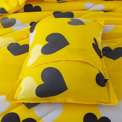 Farmhouse Yellow Queen Size Comforter Set 3 Pieces Bedding Set with Black Heart All Season Fluffy Soft Lightweight(1 Comforter & 2 Pillowshams)