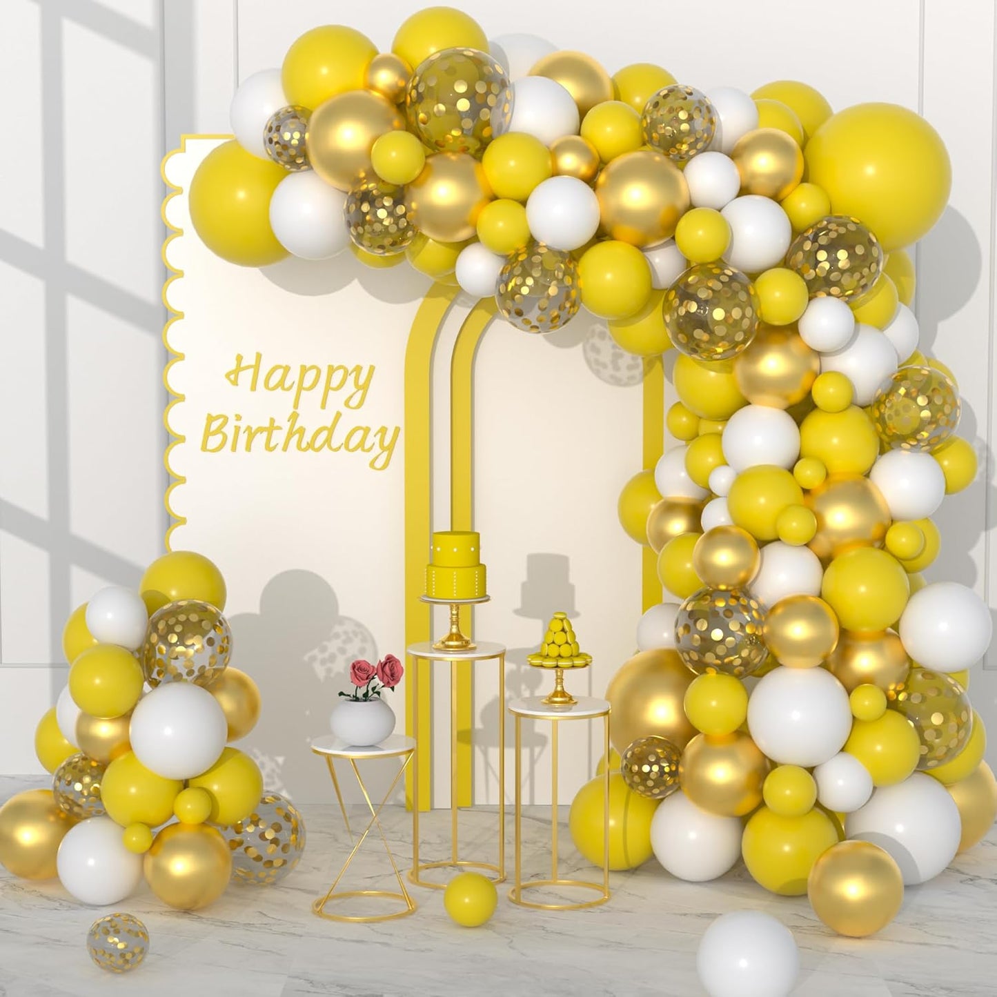 Yellow White Gold Balloon Garland Arch Kit, 122PCS White Yellow Balloons Metallic Gold Confetti Balloon for Birthday Wedding Baby Shower Spring Summer Lemon Girls Honeybee Popcorn Sunflower Decoration