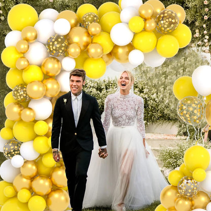 Yellow White Gold Balloon Garland Arch Kit, 122PCS White Yellow Balloons Metallic Gold Confetti Balloon for Birthday Wedding Baby Shower Spring Summer Lemon Girls Honeybee Popcorn Sunflower Decoration