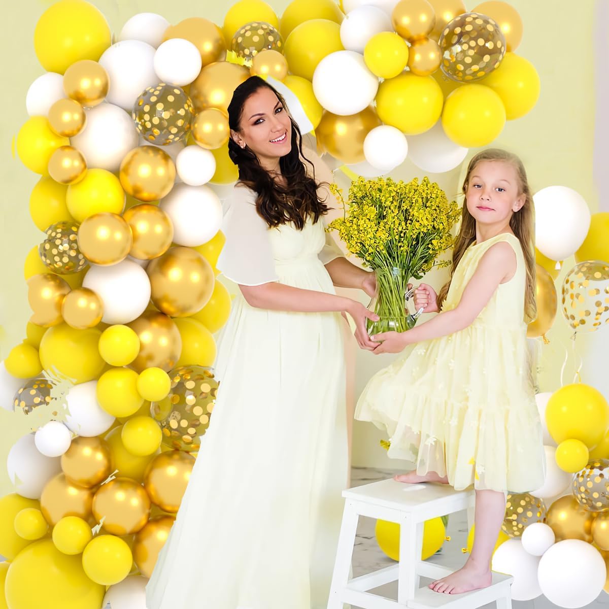 Yellow White Gold Balloon Garland Arch Kit, 122PCS White Yellow Balloons Metallic Gold Confetti Balloon for Birthday Wedding Baby Shower Spring Summer Lemon Girls Honeybee Popcorn Sunflower Decoration