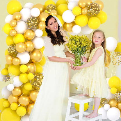 Yellow White Gold Balloon Garland Arch Kit, 122PCS White Yellow Balloons Metallic Gold Confetti Balloon for Birthday Wedding Baby Shower Spring Summer Lemon Girls Honeybee Popcorn Sunflower Decoration