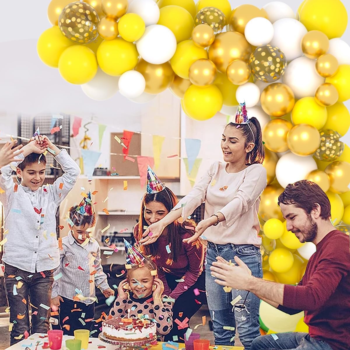 Yellow White Gold Balloon Garland Arch Kit, 122PCS White Yellow Balloons Metallic Gold Confetti Balloon for Birthday Wedding Baby Shower Spring Summer Lemon Girls Honeybee Popcorn Sunflower Decoration