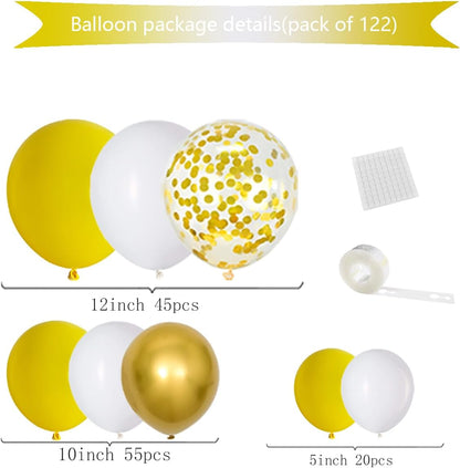 Yellow White Gold Balloon Garland Arch Kit, 122PCS White Yellow Balloons Metallic Gold Confetti Balloon for Birthday Wedding Baby Shower Spring Summer Lemon Girls Honeybee Popcorn Sunflower Decoration