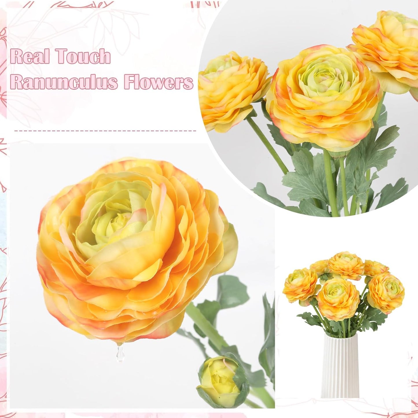 Real Touch Yellow Ranunculus Artificial Flowers 6PCS Artificial Peonies Faux Ranunculus with Stem for DIY Wedding Bouquet Party Table Home Decor(Yellow)