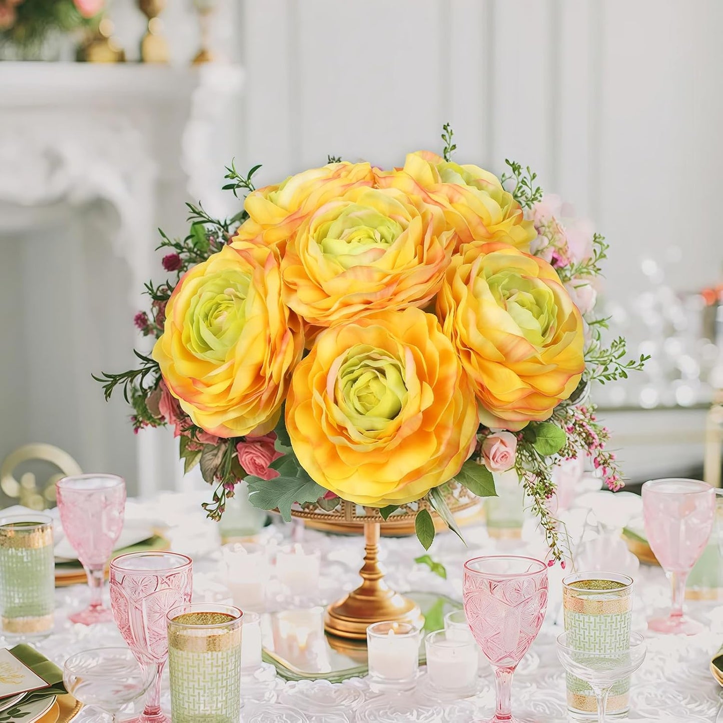 Real Touch Yellow Ranunculus Artificial Flowers 6PCS Artificial Peonies Faux Ranunculus with Stem for DIY Wedding Bouquet Party Table Home Decor(Yellow)