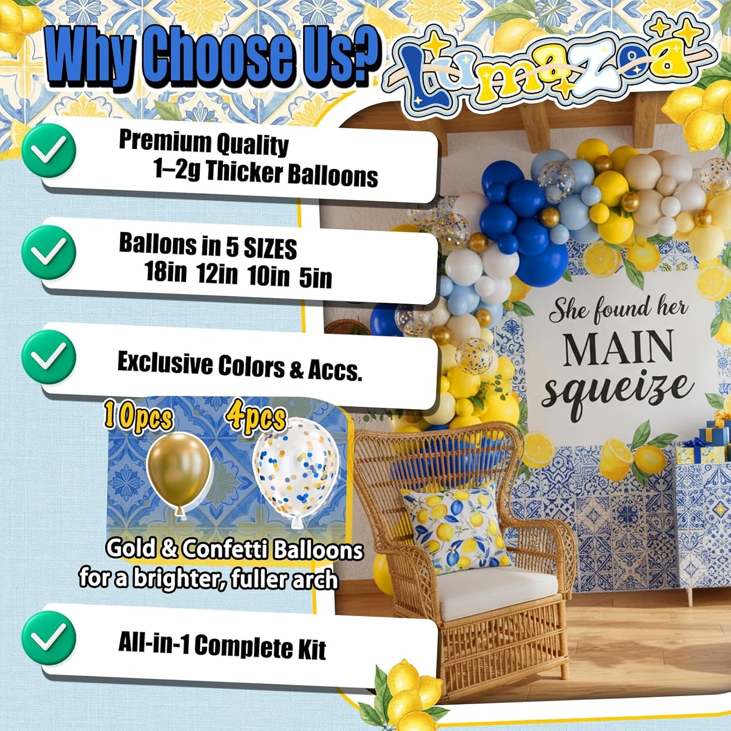 Royal Blue Yellow Lemon La Dolce Vita Italian Summer Balloon Arch Kit | Birthday Bridal Shower Wedding Bachelorette Graduation Amalfi Coast Decoration Balloons