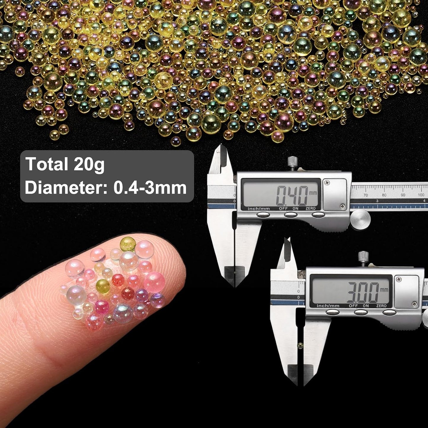 Iridescent Glass Tiny Bubble Beads, 0.4-3mm 20g No Hole Micro Mini Round Deep Yellow Water Droplets Beads - Applications: for Resin Filler, Nail Art, Dollhouse Bath Tub, 2-Pieces