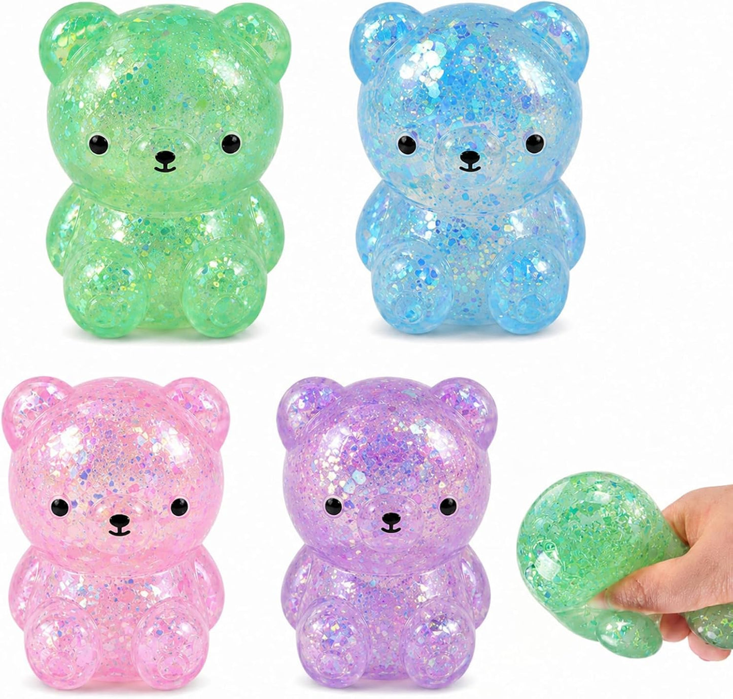 4 Pack Bear Squishy, Slow Rising Stress Relief Fidget Toys for Adults | Glitter Bear-Shaped Sensory Squeeze Toys, Calm Anxiety, Portable, Safe TPR Material, Soft Hand Toy for Office, Home or Travel