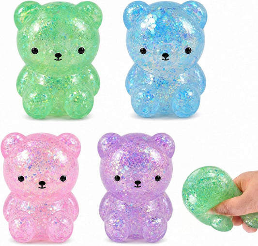 4 Pack Bear Squishy, Slow Rising Stress Relief Fidget Toys for Adults | Glitter Bear-Shaped Sensory Squeeze Toys, Calm Anxiety, Portable, Safe TPR Material, Soft Hand Toy for Office, Home or Travel