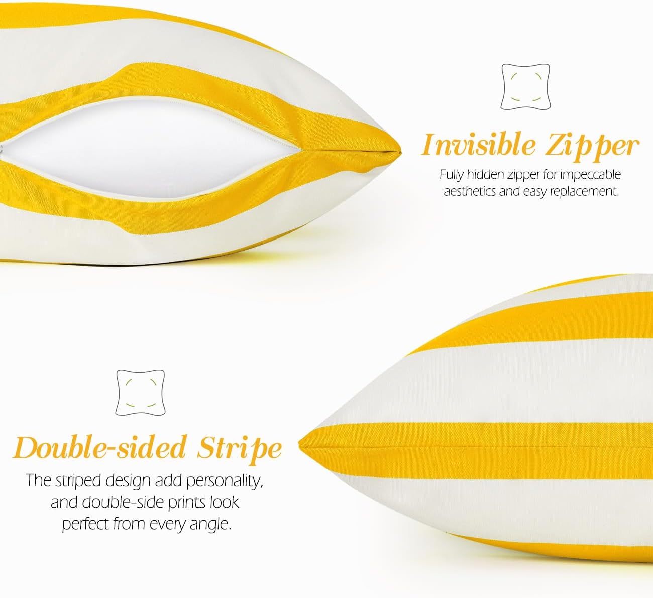 2 Pack Outdoor Throw Pillow Covers, Square Stripe Waterproof Throw Pillow Cases for Outdoor Patio Porch Farmhouse Garden Balcony Couch, 18"x18"(45x45cm), Yellow + White