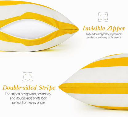 2 Pack Outdoor Throw Pillow Covers, Square Stripe Waterproof Throw Pillow Cases for Outdoor Patio Porch Farmhouse Garden Balcony Couch, 18"x18"(45x45cm), Yellow + White