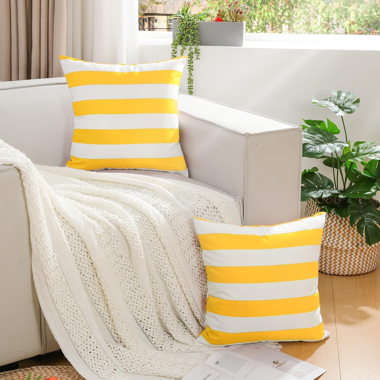 2 Pack Outdoor Throw Pillow Covers, Square Stripe Waterproof Throw Pillow Cases for Outdoor Patio Porch Farmhouse Garden Balcony Couch, 18"x18"(45x45cm), Yellow + White