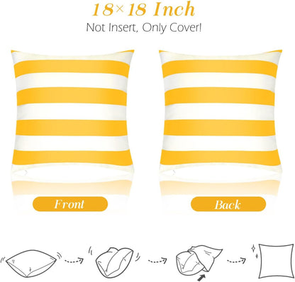 2 Pack Outdoor Throw Pillow Covers, Square Stripe Waterproof Throw Pillow Cases for Outdoor Patio Porch Farmhouse Garden Balcony Couch, 18"x18"(45x45cm), Yellow + White