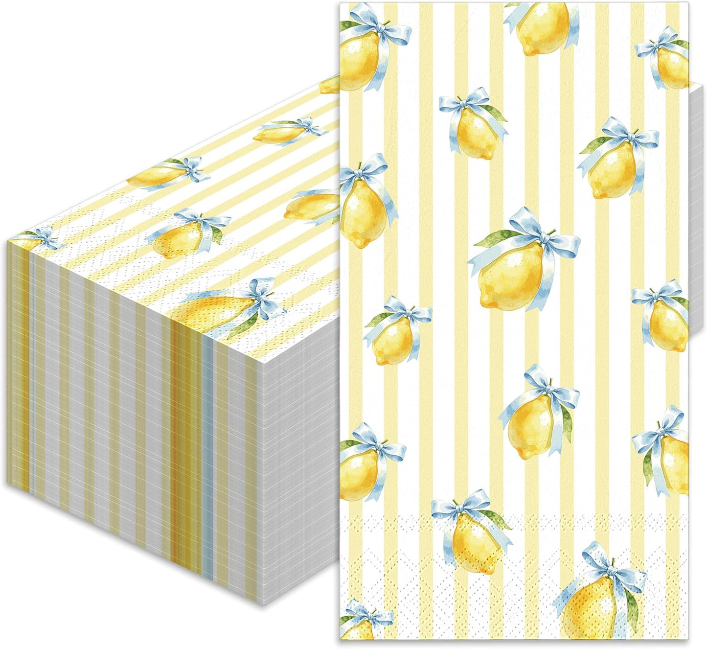 50 Pcs Lemon Paper Napkin Yellow Stripe Lemon Bow Guest Napkins Watercolor Summer Fruit Disposable Luncheon Napkins for Summer Birthday Party Supplies