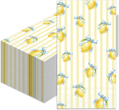 50 Pcs Lemon Paper Napkin Yellow Stripe Lemon Bow Guest Napkins Watercolor Summer Fruit Disposable Luncheon Napkins for Summer Birthday Party Supplies