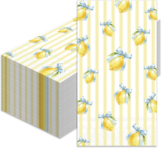 50 Pcs Lemon Paper Napkin Yellow Stripe Lemon Bow Guest Napkins Watercolor Summer Fruit Disposable Luncheon Napkins for Summer Birthday Party Supplies