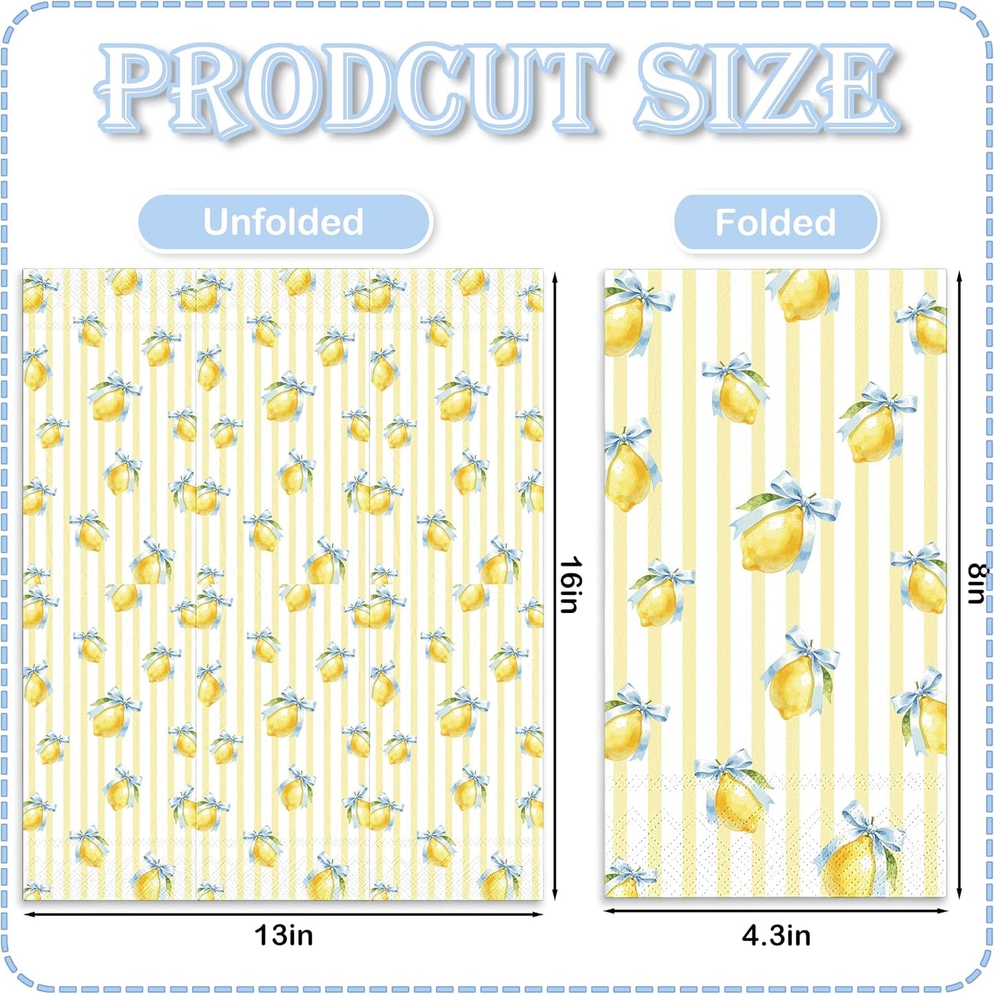 50 Pcs Lemon Paper Napkin Yellow Stripe Lemon Bow Guest Napkins Watercolor Summer Fruit Disposable Luncheon Napkins for Summer Birthday Party Supplies