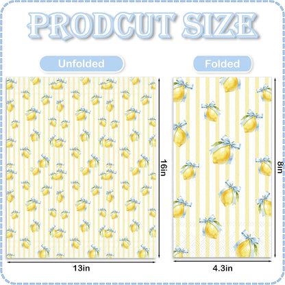 50 Pcs Lemon Paper Napkin Yellow Stripe Lemon Bow Guest Napkins Watercolor Summer Fruit Disposable Luncheon Napkins for Summer Birthday Party Supplies