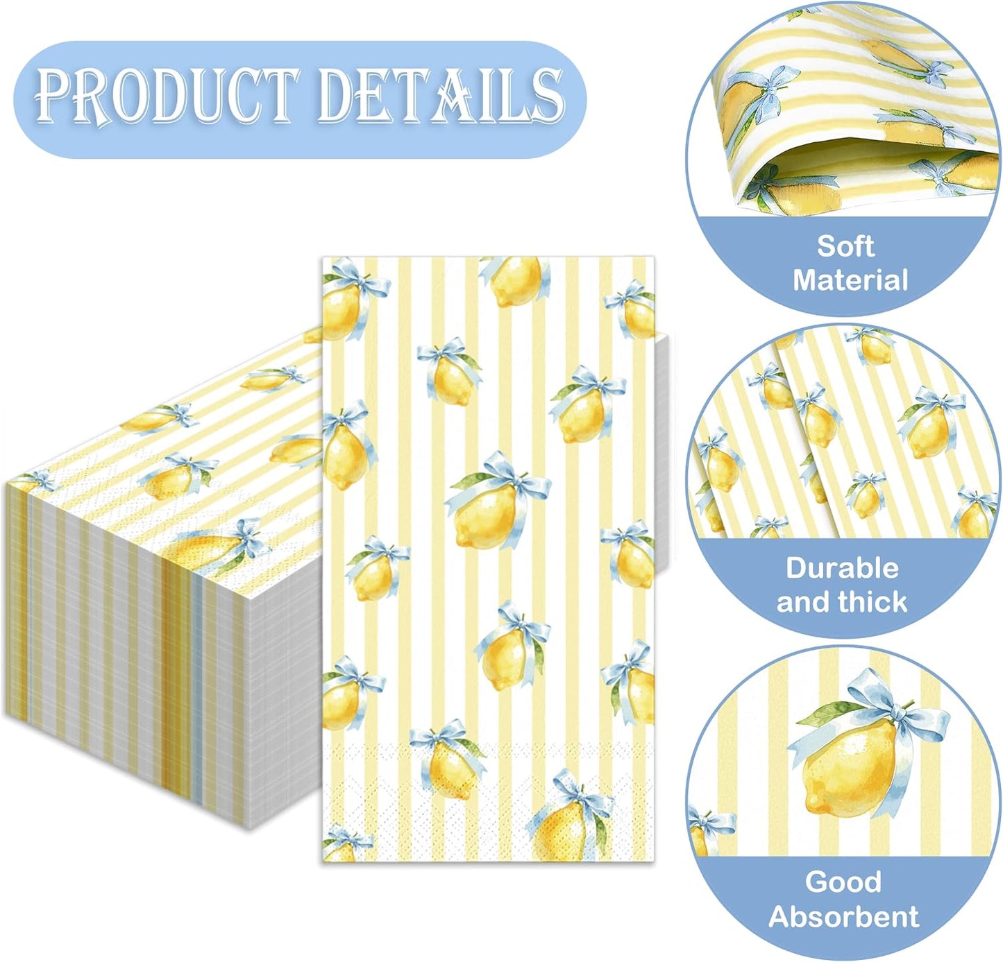 50 Pcs Lemon Paper Napkin Yellow Stripe Lemon Bow Guest Napkins Watercolor Summer Fruit Disposable Luncheon Napkins for Summer Birthday Party Supplies
