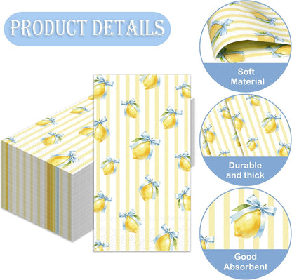 50 Pcs Lemon Paper Napkin Yellow Stripe Lemon Bow Guest Napkins Watercolor Summer Fruit Disposable Luncheon Napkins for Summer Birthday Party Supplies