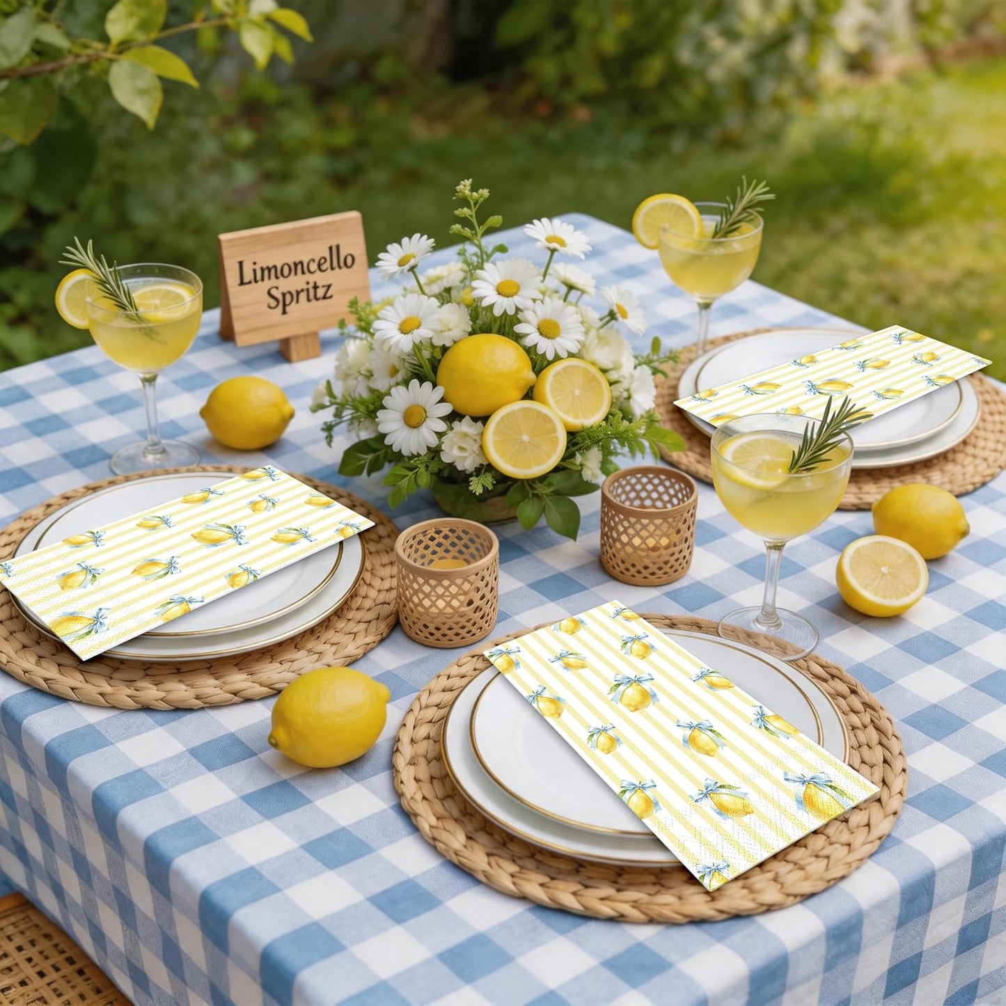 50 Pcs Lemon Paper Napkin Yellow Stripe Lemon Bow Guest Napkins Watercolor Summer Fruit Disposable Luncheon Napkins for Summer Birthday Party Supplies