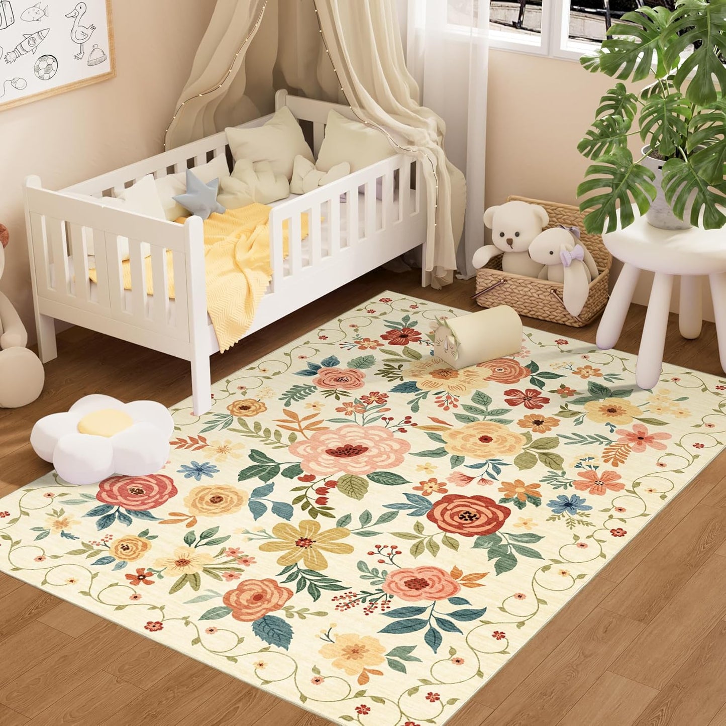 3x5 Area Rug, Floral Rugs for Living Room, Lightweight Non Slip Washable Rug, Indoor Low Pile & Non-Shedding Boho Design Rugs for Bedroom, Living Room, Dining Room, Beige Yellow