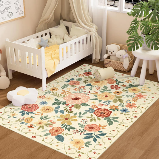 3x5 Area Rug, Floral Rugs for Living Room, Lightweight Non Slip Washable Rug, Indoor Low Pile & Non-Shedding Boho Design Rugs for Bedroom, Living Room, Dining Room, Beige Yellow