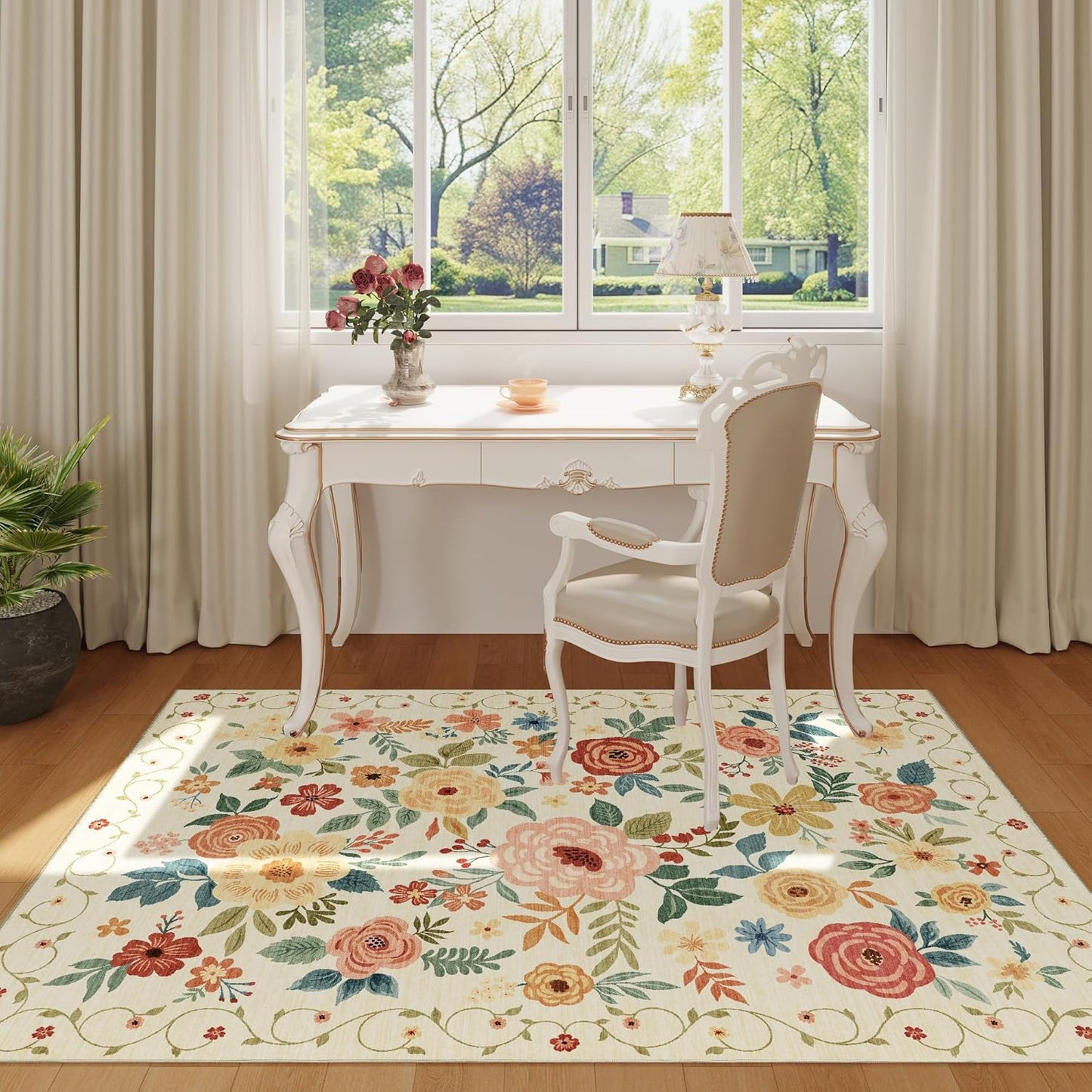 3x5 Area Rug, Floral Rugs for Living Room, Lightweight Non Slip Washable Rug, Indoor Low Pile & Non-Shedding Boho Design Rugs for Bedroom, Living Room, Dining Room, Beige Yellow
