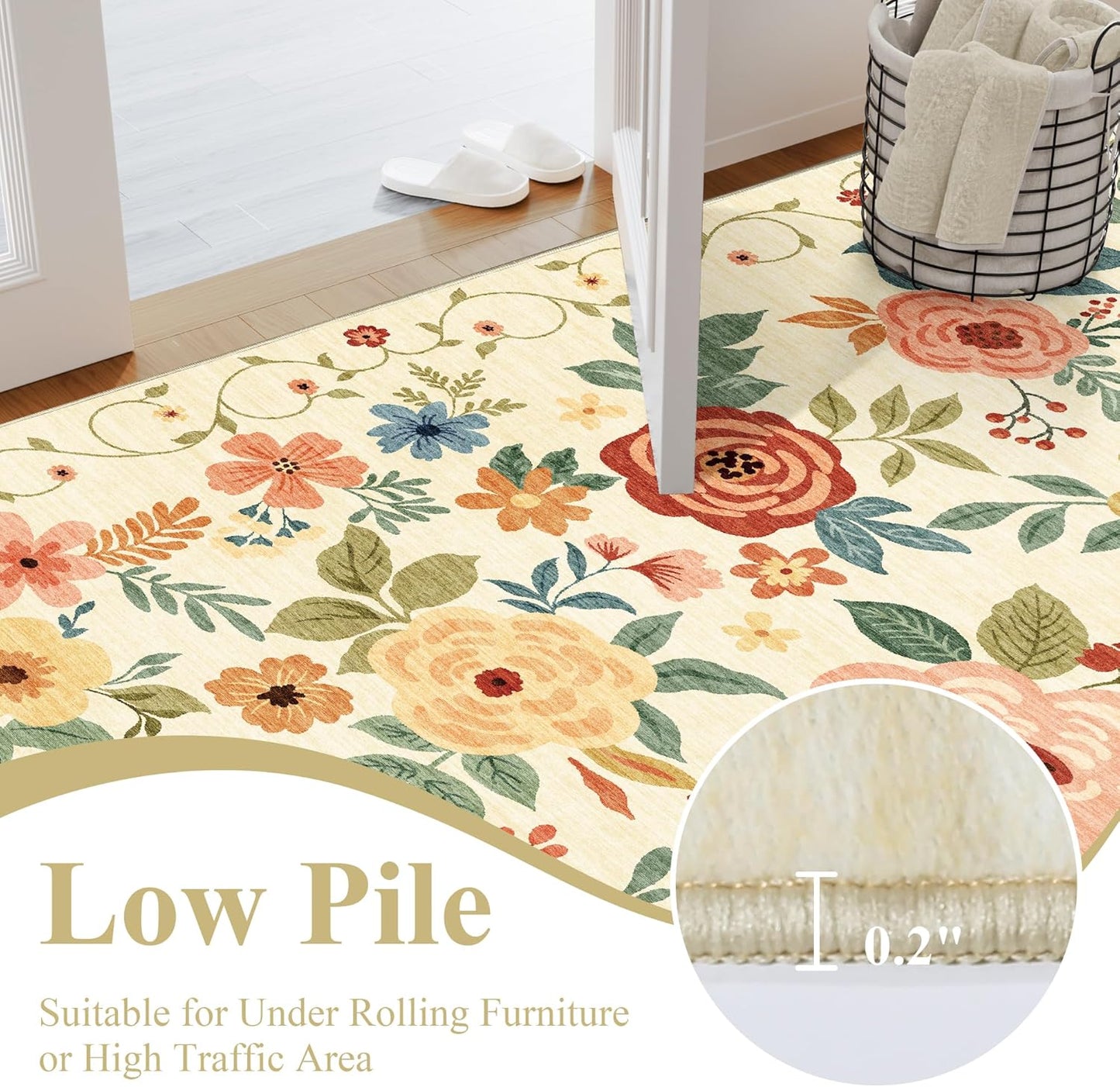3x5 Area Rug, Floral Rugs for Living Room, Lightweight Non Slip Washable Rug, Indoor Low Pile & Non-Shedding Boho Design Rugs for Bedroom, Living Room, Dining Room, Beige Yellow