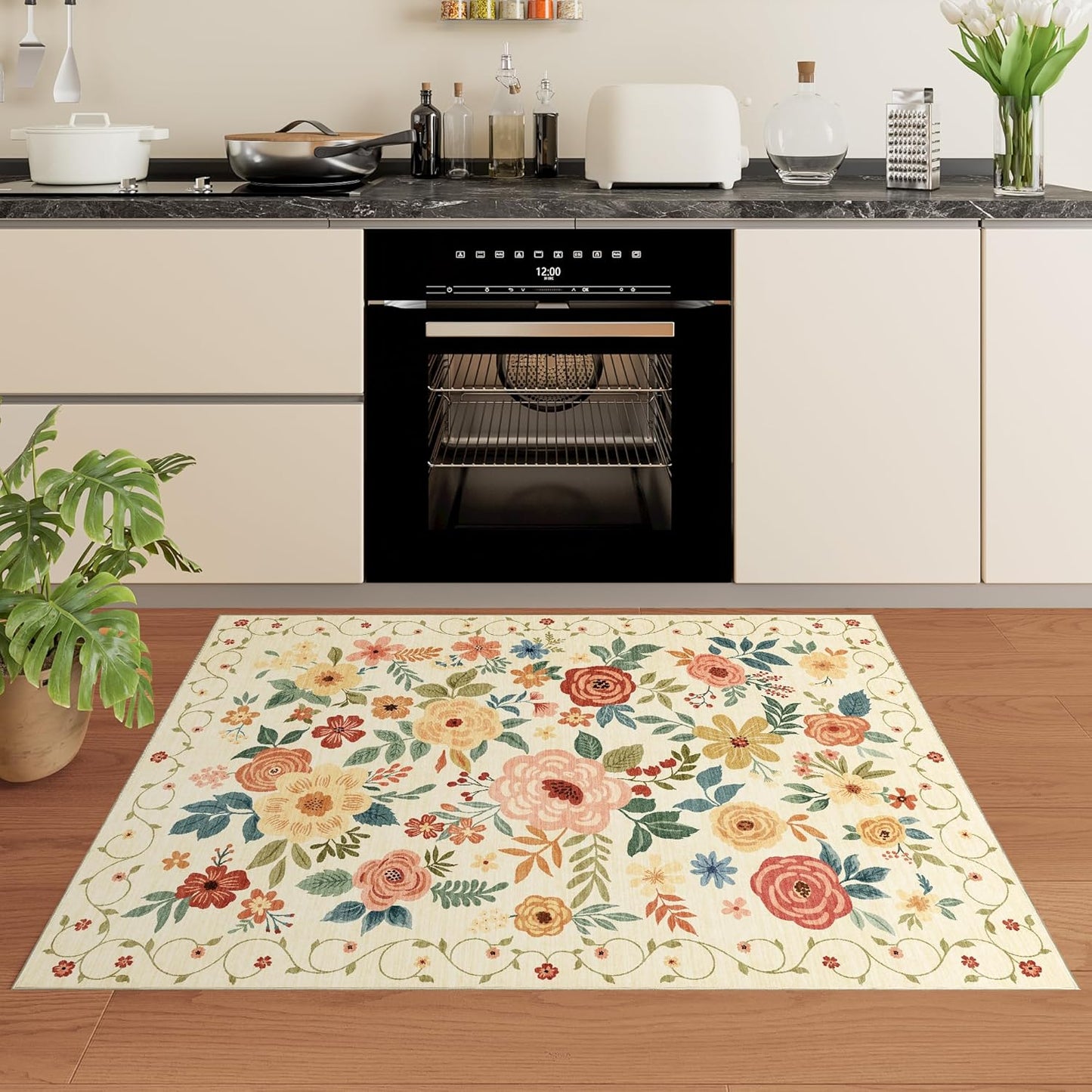 3x5 Area Rug, Floral Rugs for Living Room, Lightweight Non Slip Washable Rug, Indoor Low Pile & Non-Shedding Boho Design Rugs for Bedroom, Living Room, Dining Room, Beige Yellow