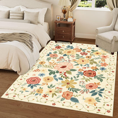 3x5 Area Rug, Floral Rugs for Living Room, Lightweight Non Slip Washable Rug, Indoor Low Pile & Non-Shedding Boho Design Rugs for Bedroom, Living Room, Dining Room, Beige Yellow