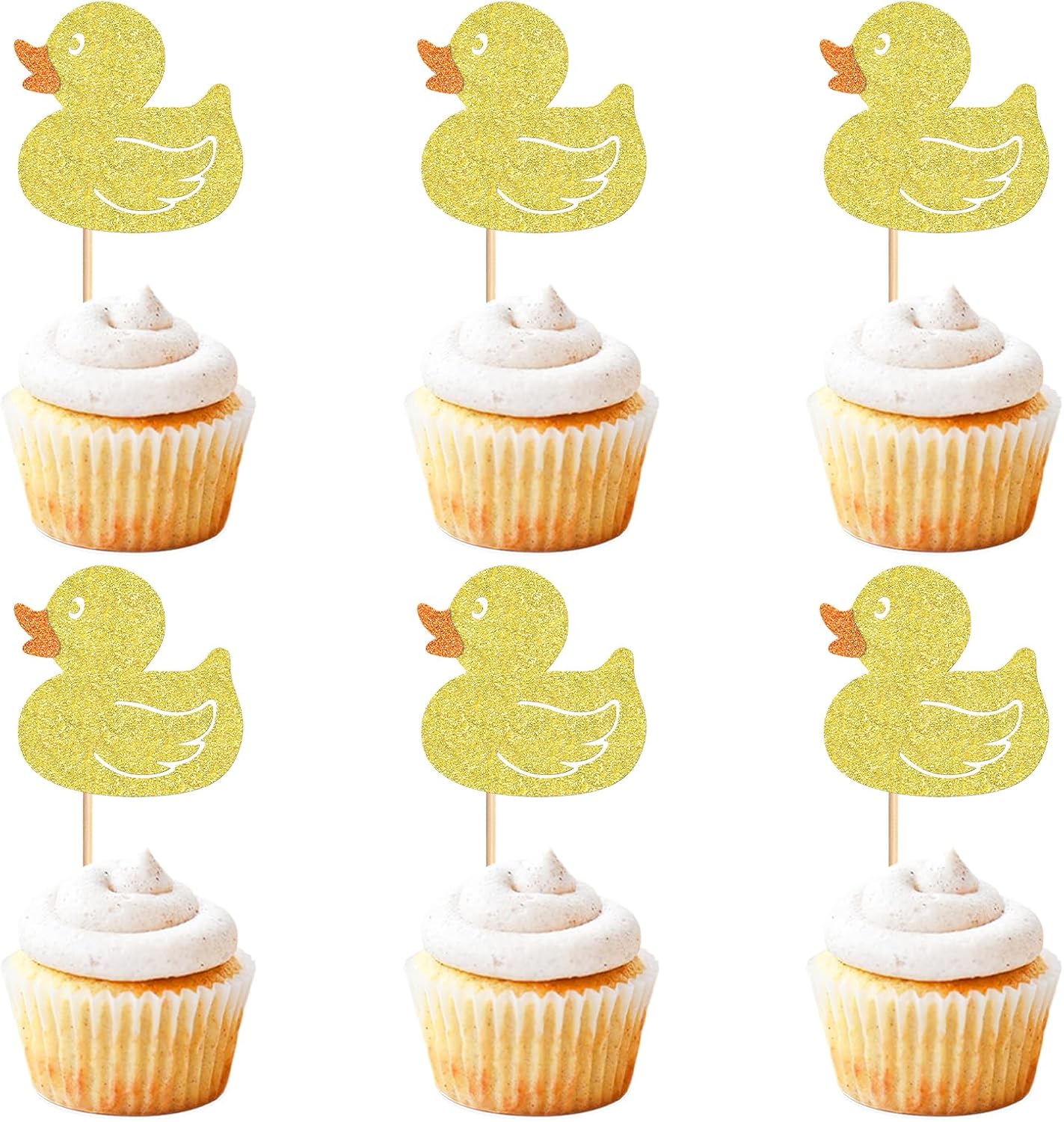 24Pcs Glitter Yellow Ducks Cupcake Toppers Duck Baby Cupcake Picks for Duck Baby Shower Boys Girls Ducks Birthday Cake Cupcake Decorations