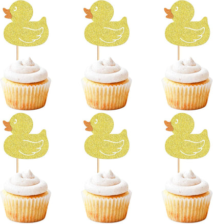 24Pcs Glitter Yellow Ducks Cupcake Toppers Duck Baby Cupcake Picks for Duck Baby Shower Boys Girls Ducks Birthday Cake Cupcake Decorations