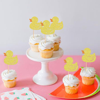 24Pcs Glitter Yellow Ducks Cupcake Toppers Duck Baby Cupcake Picks for Duck Baby Shower Boys Girls Ducks Birthday Cake Cupcake Decorations