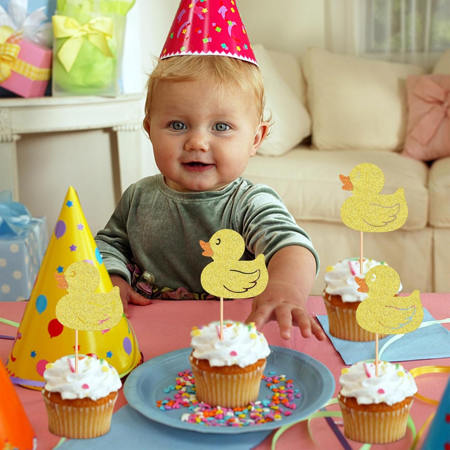 24Pcs Glitter Yellow Ducks Cupcake Toppers Duck Baby Cupcake Picks for Duck Baby Shower Boys Girls Ducks Birthday Cake Cupcake Decorations