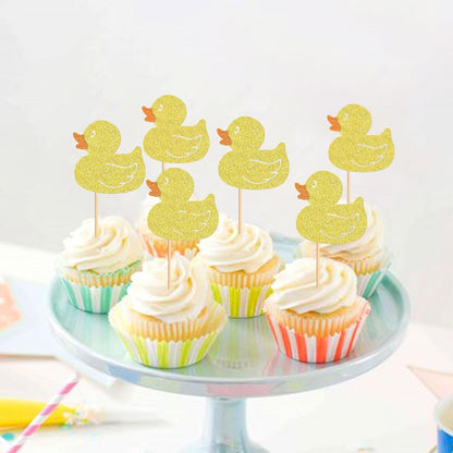 24Pcs Glitter Yellow Ducks Cupcake Toppers Duck Baby Cupcake Picks for Duck Baby Shower Boys Girls Ducks Birthday Cake Cupcake Decorations