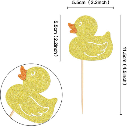 24Pcs Glitter Yellow Ducks Cupcake Toppers Duck Baby Cupcake Picks for Duck Baby Shower Boys Girls Ducks Birthday Cake Cupcake Decorations