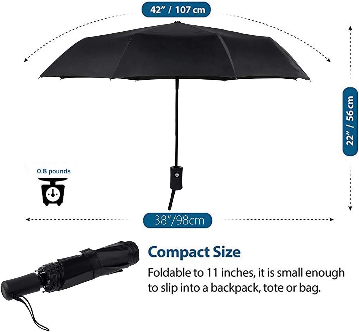 Travel Umbrella - Windproof Automatic Compact Umbrellas for Rain | Small & Portable, UV Sun Protection, 11" Folded Travel Size, Fits in Backpack & Car, for Walking & Commutes, Factory Direct