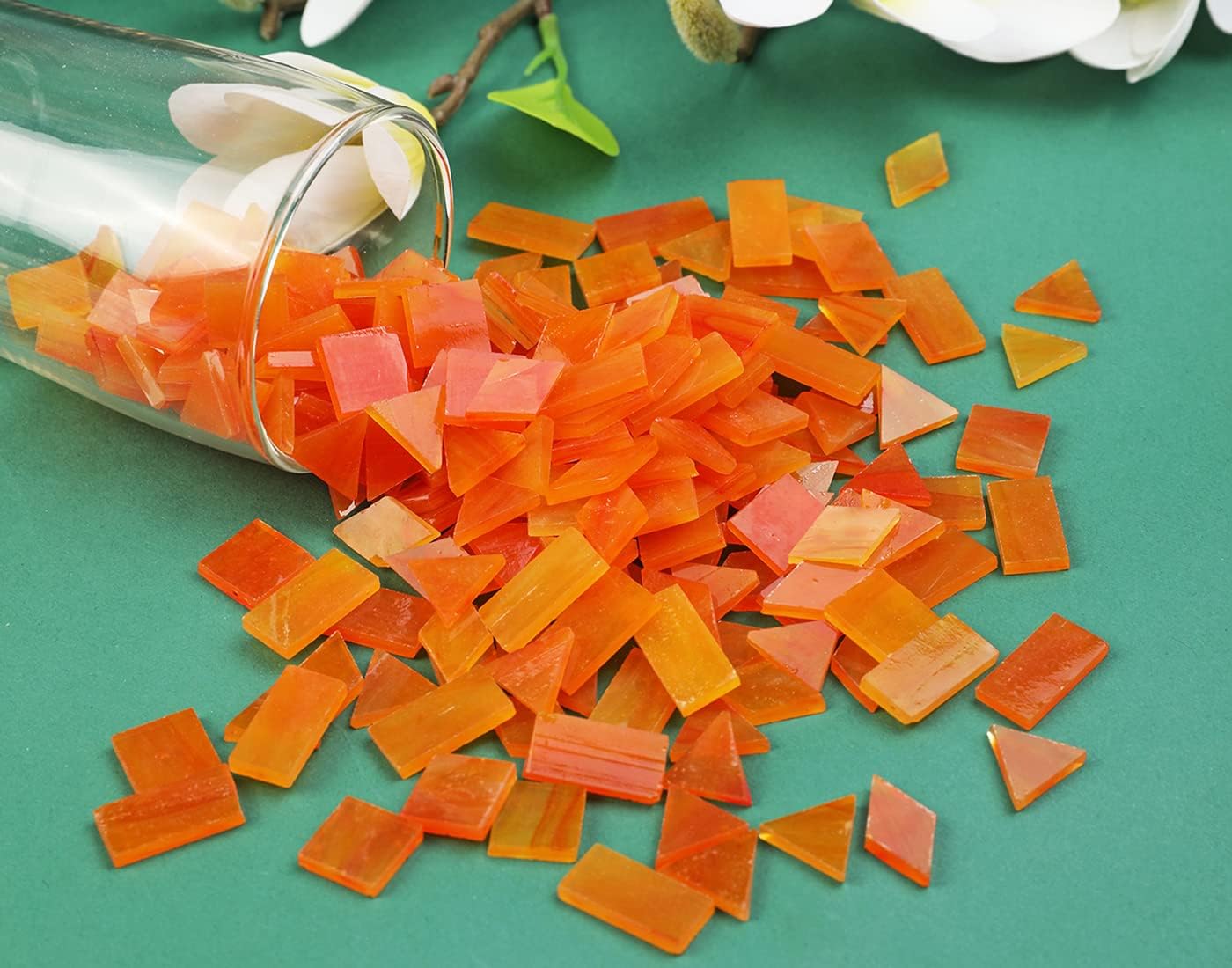 200 Pieces Glass Mosaic Tiles, 4-Shapes Mixed Stained Glass Pieces Tile for Crafts,Orange Ice