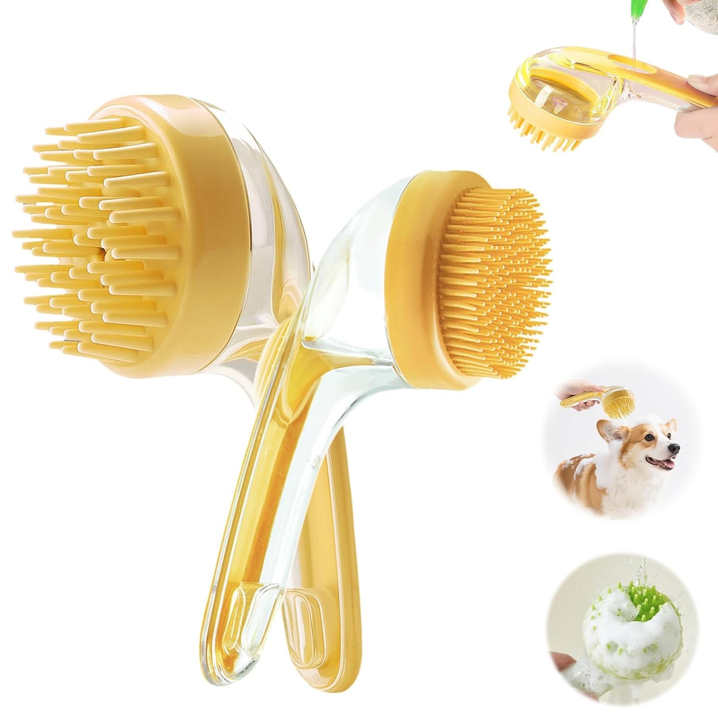 Pet Bath Brush with Shampoo Dispenser, Dog Bath Brush and Grooming Massage Brush for Dogs & Cats, Easy Dog Washing Brush for Short and Long Hair, Coarse and Fine Teeth 2pcs (Yellow)