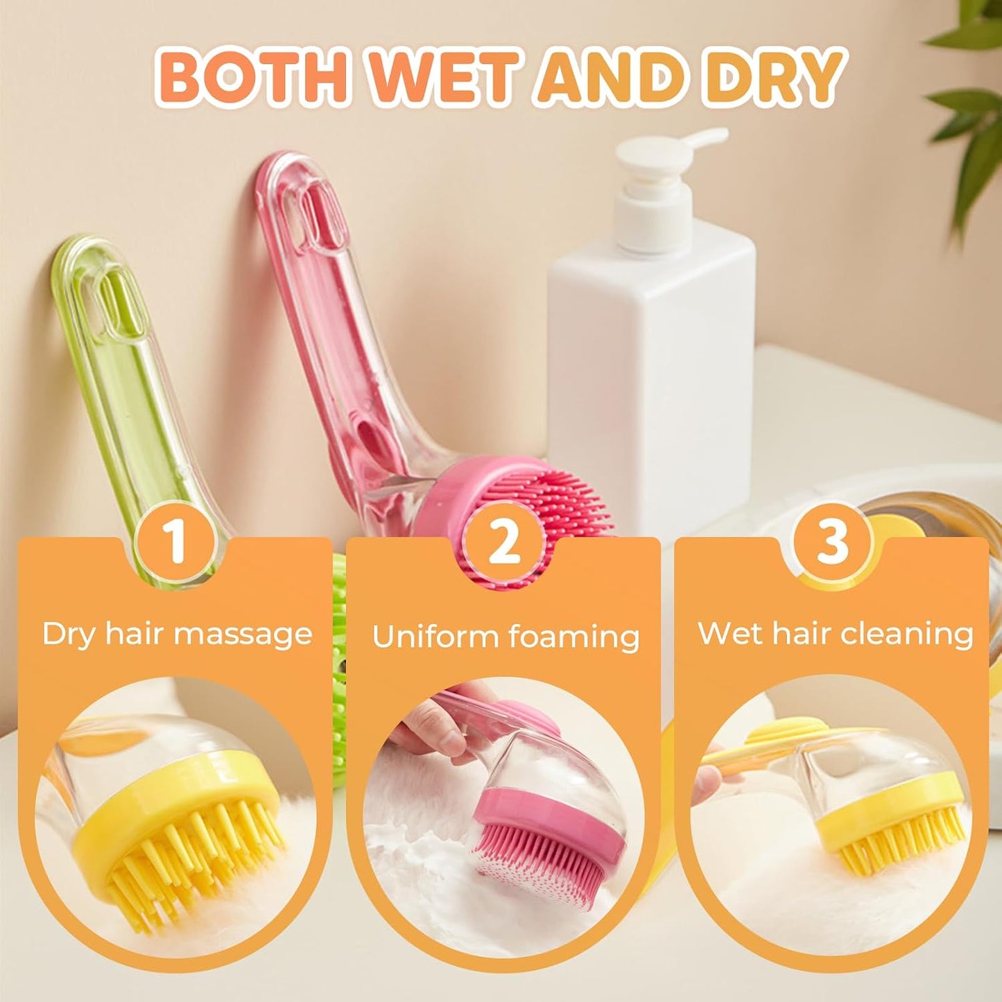 Pet Bath Brush with Shampoo Dispenser, Dog Bath Brush and Grooming Massage Brush for Dogs & Cats, Easy Dog Washing Brush for Short and Long Hair, Coarse and Fine Teeth 2pcs (Yellow)