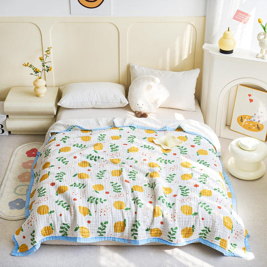 Lemon Yellow Fruit Muslin Blanket 100% Cotton 6 Layer Quilt Bed Blanket Soft Warm Throw Sofa Couch Toddler Kids Boys Girls Cartoon Travel Cover Sheet (Lemon, Twin 58" X 80")
